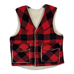 Vintage Weatherguard Red Buffalo‎ Plaid Wool Blend Sherpa Lined Vest Size M USA